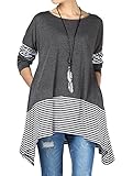 Mordenmiss Women's Stripes Asymmetry Hem Tunics Blouse with Pockets L Dark Gray