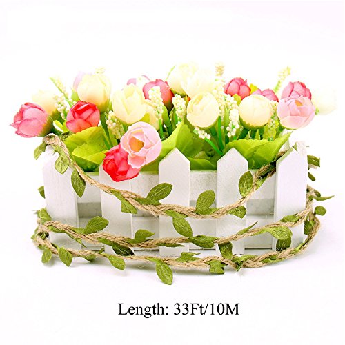 ICYANG 33 Feet Natural Leaves Twine String, Creative Burlap Leaf Ribbon 5MM with Artificial Green Leaves, Perfect Braided Decorated Vine for Art & Crafting Home Packing Decoration and Party Decor - Thumbnail 4