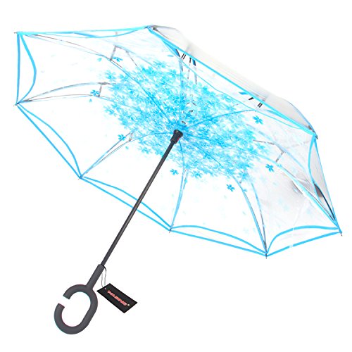 WASING Double Layer Inverted Umbrella Cars Reverse Umbrella, Windproof UV Protection Big Straight Umbrella for Car Rain Outdoor with C-Shaped Handle (Transparent Blue)