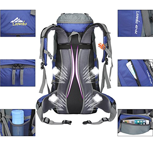 Hiking Backpack 50L Travel Daypack Waterproof with Rain Cover for Climbing Camping Mountaineering by Loowoko(Blue)