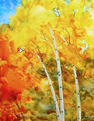 White Birch Trees in Autumn Original Watercolor Painting 11x14 Unframed Art by Janet Zeh