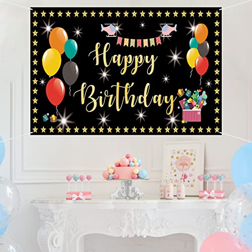 Mokonate Happy Birthday Backdrop Banner Decorations for Kids 6x3.3ft Black and Gold Balloons Star Flag Happy Birthday to You Sign Poster Photo Backdrop Backgroud Children Boys Girls Party Decor
