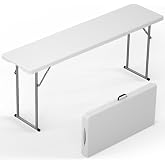 6 ft Narrow Folding Table, Tabletop Fold-in-Half with Handle &amp; Safety Locks | Foldable, Portable, Easy Setup, Thickened HDPE and Metal Frame, for Meeting, Party, Office, White