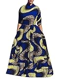 Runcati Womens African Dress Maxi Dashiki Print Fit and Flare Half Sleeve Expansion 2 Pcs Skirt with Pockets