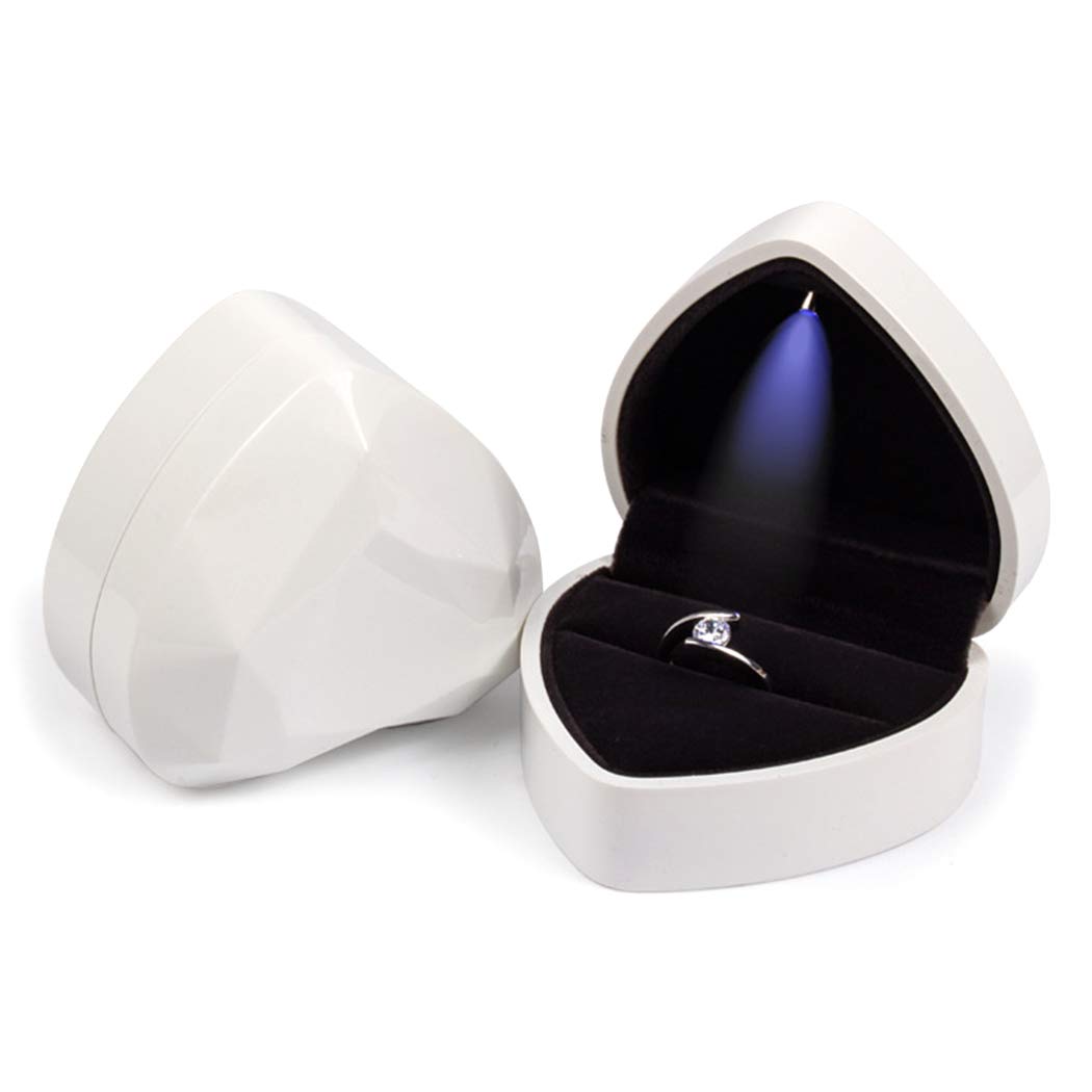iSuperb Heart Shaped Ring Box LED Light Engagement Ring Boxes Jewelry Gift Box for Proposal Wedding Valentine's Day Anniversary Christmas (White)