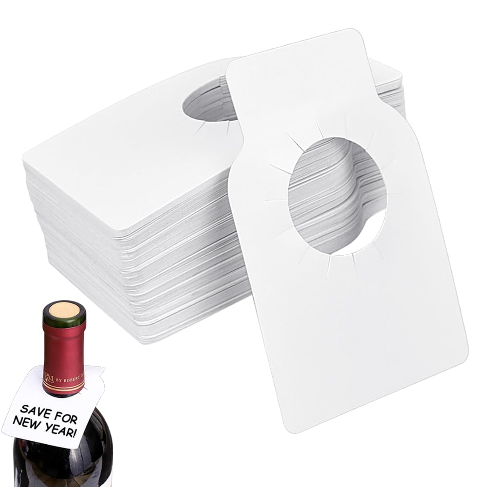 Wine Bottle Tags, PERFETSELL 100 PCS Blank Champagne Bottle Tags Reusable PVC Wine Cellar Neck Labels Wine Bottle Labels for Stored in a Cellar Collection Storage Rack, White