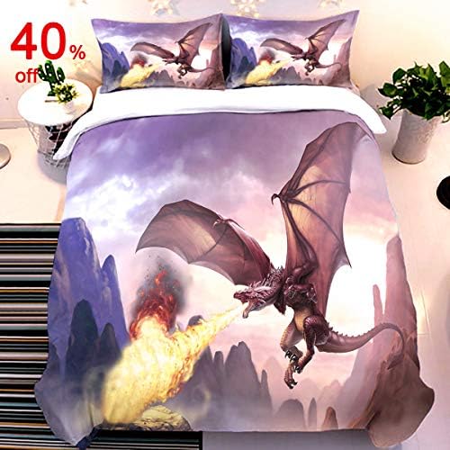 Game of Thrones Unique Fire Dragon Bedding Set with 2 Pillowcases 3D Printed Cartoon Animal Duvet Cover with Zipper Closure 3 Pieces Anti-allergic Soft Microfiber Quilt Duvet Cover Queen Size 90" x 90