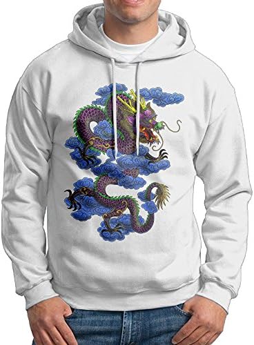 Obachi Chinese Calligraphy Dragon Men's Long Sleeve Pullover Hooded Sweatshirt White Size XXL