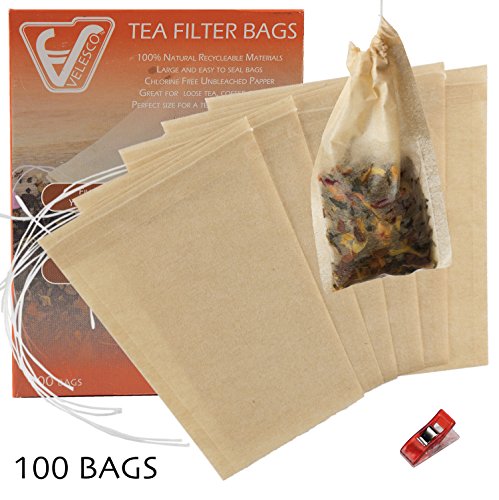 Velesco Tea Filter Bags Disposable Tea Infuser with Drawstring for Loose Leaf Tea with 100% Natural Unbleached Paper 3 3/4 x 3" 100pcs