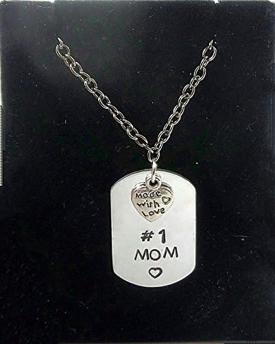 Hand Stamped Necklace Brushed Aluminum Mini Dog Tag - #1 Mom