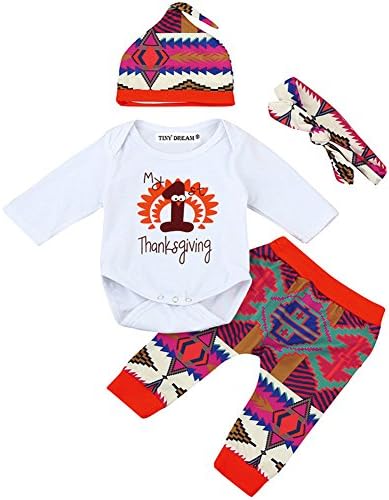 Baby Boys Girls My First Thanksgiving Romper and Turkeys Pants Outfit with Hat and Headband (6-12 Months, Brown)