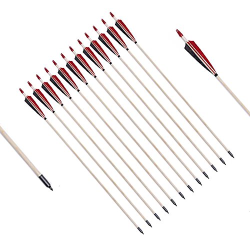 PG1ARCHERY Archery Target Arrows, 12 Pack Traditional Wooden Arrow Shield Feathers Fletched with Targeting Field Points Tips for Hunting (Best Traditional Wooden Arrows)