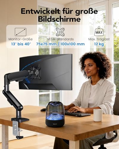 HUANUO Monitor Mount for 13-40 Inch Screens, Monitor Arm with Nitroglide Suspension up to 12 kg, Monitor Mount Height Adjustable, Swivelling, Tilting, for Gaming and Office, VESA 75 x 75/100 x 100 mm