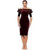 Xscape Womens Velvet Off The Shoulder Ruffle Neckline Knee Length Dress