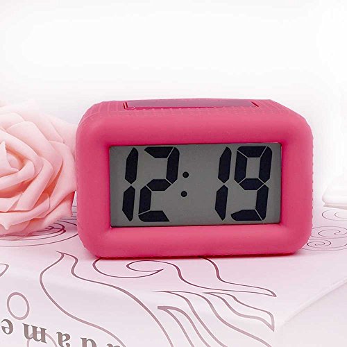 TXL Digital Alarm Clock Table Electronic Clock with Rubber Case Display Time/Alarm, Snooze/Backlight, Adjustable Light Dimmer Battery Operated Bedside Desk/Shelf Clock, Gift for Kids/Teens/Home, Pink
