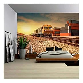 Cargo Train Platform at Sunset with Container - Removable Wall Mural | Self-Adhesive Large Wallpaper - 66x96 inches