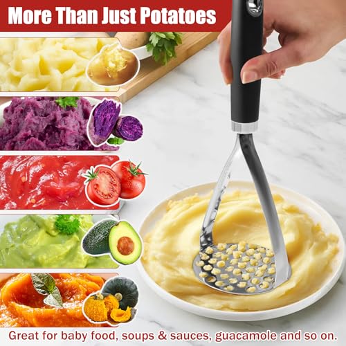 Potato Mashers, Potato Masher Food Grade Stainless Steel, Heavy Duty Potato Ricer Masher with Soft Grip Handle, Kitchen Food Masher for Mashed Potato, Tomato Puree, Jam, Vegetable & Fruits