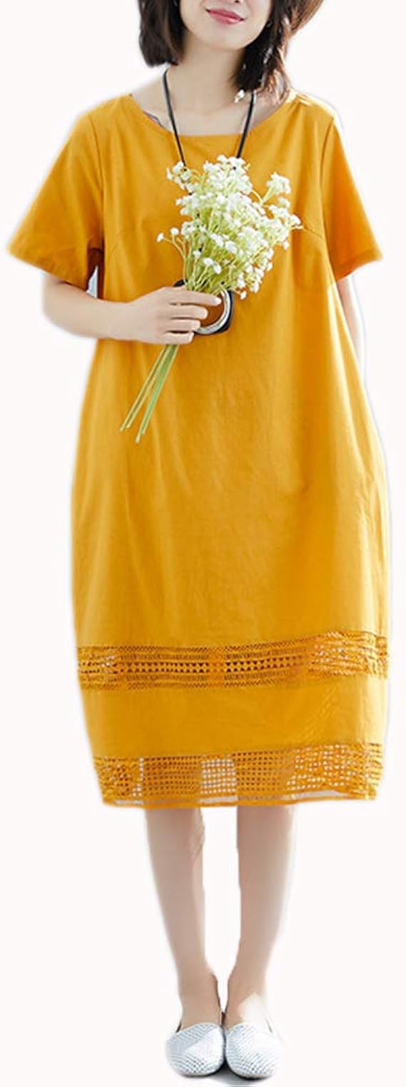 Amazon 夏 イエロー ワンピース レディース スカート 透かし彫り 切り替え 無地 シンプル コットン リネン 膝丈 半袖 クルーネック ナチュラル 森ガール 清楚 可愛い きれいめ ゆったり 大きいサイズ ワンピース チュニック 通販