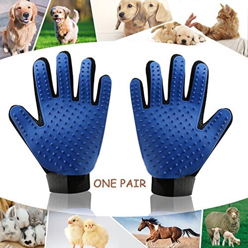 Pet Grooming Glove Brush-Gentle Deshedding Brush Glove - Efficient Deshedding Mitt - Massage Tool with Enhanced Five Finger Design-Perfect for Dogs&amp;Cats with Long &amp; Short Fur-1 Pair–(Blue)