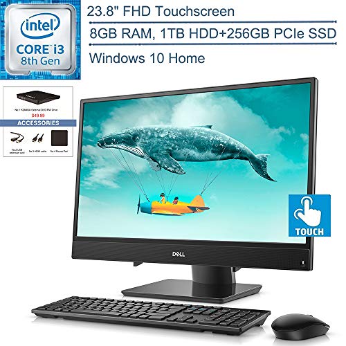 2020 Dell Inspiron 3480 23.8″ FHD Touchscreen All-in-One Desktop Computer, 8th Gen Intel Core i3-8145U Beat i5-7200U, 8GB DDR4, 1TB HDD + 256GB PCIe SSD, Windows 10, YZAKKA External DVD+Accessories