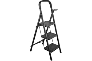 3 Step Ladder, Newisdomake 3 Step Ladder Folding Step Stool with Full Wrap Handgrip, Anti-Slip Wide Pedal, Large Non-Slip Feet Sturdy Steel Ladder, Stepladder for Kitchen, Household & Office Black