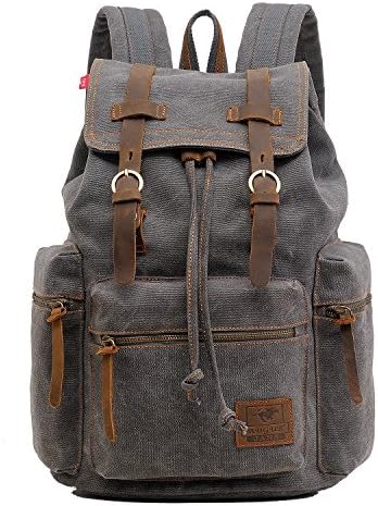 Canvas Leather Backpack Outdoor Hiking Daypacks Laptop Backpacks Vintage School Bag for Men Women Travel Rucksack Large Capacity College Bookbag (Gray)