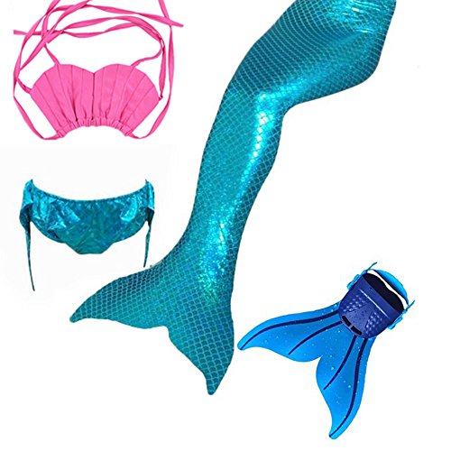Kids Girls Sparkle Mermaid Tail with Monofin Swimmable Swimwear (140 (10-12Y), Light Blue)