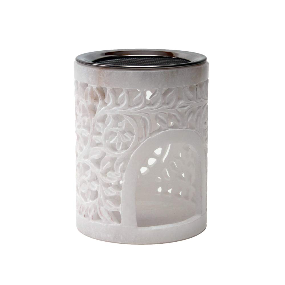 Bitto Lotos Incense Burner in Alabaster, Height 12 cm, Diam. 9 cm, with Stainless-Steel Sieve, Diam. 9 cm, Soapstone with Vine Pattern