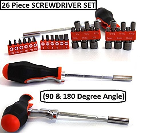 26pc Multi Angle Screw Driver, Ratchet Driver, Bit And Socket Set (90 & 180 Degree Angle) â€“ For Homeowner, Mechanic, Plumbers, Professionals, Handyman â€“ By Katzco