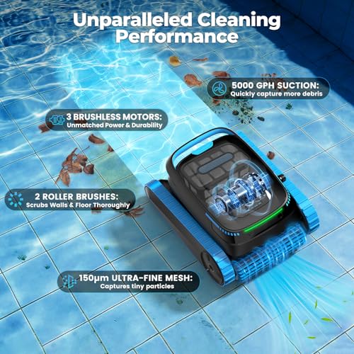BOTLIFE Robotic Pool Cleaner, 5000 GPH Powerful Suction, Cordless Robotic Pool Vacuum for Inground/Above Ground Pools, Smart Navigation & App Control, 150μm Fine Filter for Wall/Floor/Waterline