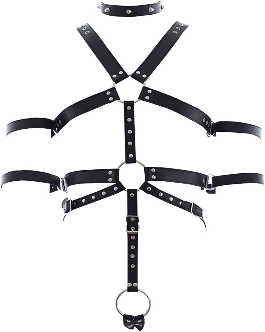 Leather Body Chest Harness with Collar and Armbands Rivet Adjustable Buckle Straps Clubwear Costume for Men