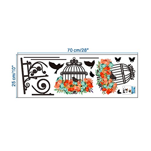 BIBITIME 2 Flower Wreath Birdcages with Black Birds Wall Decal Vinyl Butterfly Sticker for Office Window Living Room Porch Door Back Kitchen Bedroom DIY Art Mural