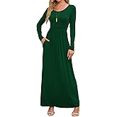 DEARCASE Women Dress Dark Green Medium Crewneck Long Maxi Sleeves Wedding Guest A-line Plain Casual Empire Waist Flowy Party Vintage Spring Fall Winter Floor Dresses with Pocket