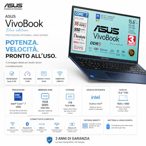 ASUS Notebok Vivobook, Intel Core 7 150u 10Core, DDR5 Ram 16Gb, PCI Nvme 1TB SSD, WI-FI 6, Webcam, Usb3.2, HDmi, BT5.3, QWERTY Keyboard, 3 Year Warranty, Blue Edition, Preconfigured