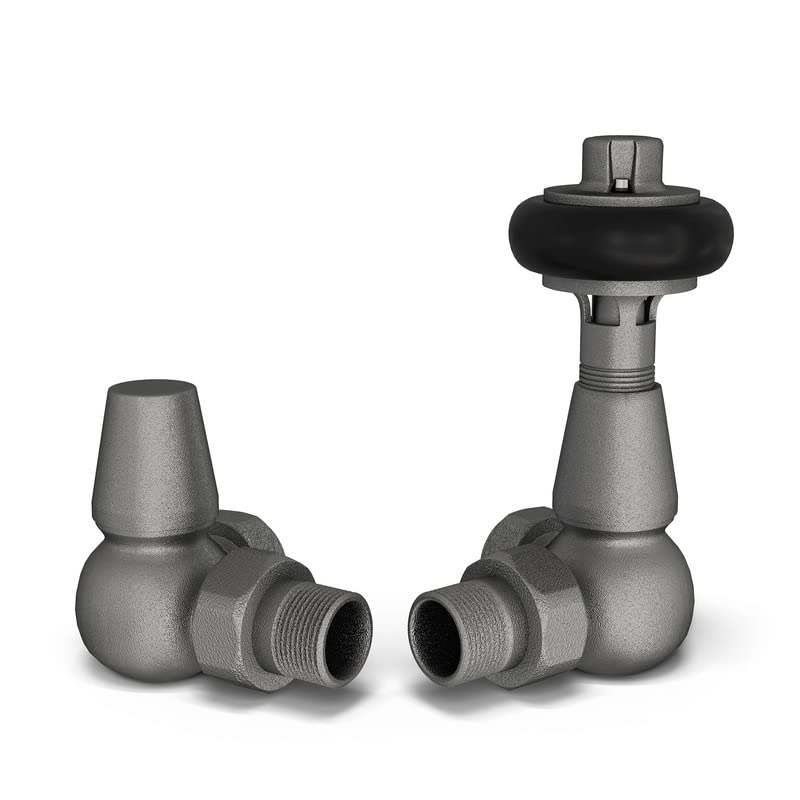 UK Radiators Natural Pewter Thermostatic Radiator Valve and Corner Lockshield - Matt Natural Pewter Finish - Traditional Design 1/2" x 15mm Wooden Head Radiator Valve