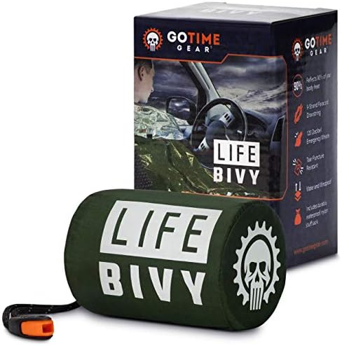 Go Time Gear Life Bivy Emergency Sleeping Bag Thermal Bivvy - Use as Emergency Bivy Sack, Survival Sleeping Bag, Mylar Emergency Blanket - Includes Stuff Sack with Survival Whistle + Paracord String