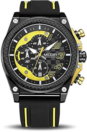 Megir Quartz Movement Chronograph Black and Yellow Dial Mens Sports Racer Watch - MN2051G/BK