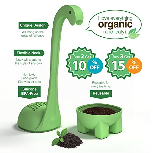 Baby Dino Loose Leaf Tea infuser with Long Handle Neck & Cute Ball Body. Not Nessie or t rex it's a deep diver. Green Dinosaur Silicone Tea Strainer & Steeper - FREE Ebook Home & Kitchen, Kitchen & Dining, Coffee, Tea & Espresso, Tea Accessories, Tea Strainers & Filters, Long-Handled Tea Strainers