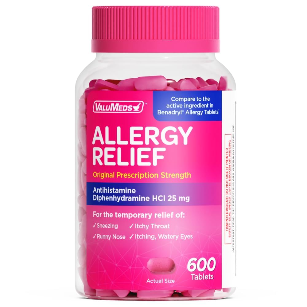 ValuMeds Allergy Medicine Antihistamine, Diphenhydramine HCl 25 mg | Children and Adults | Relieve Itchy Eyes, Runny Nose, Sneezing (25 mg, 600)
