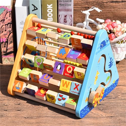 AM ANNA Activity Centre Triangle Toys, 5 in 1 Wooden Cube for Toddlers With Flop Alphabet Blocks, Abacus Clock - Montessori Learning Toys for Babies