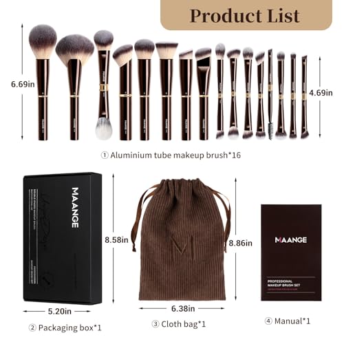 MAANGE 16 Pcs Professional Makeup Brushes, Double Sided Foundation Powder Contour Blush Set Complete Set with Pouch and Gift Box (Coffee Brown)