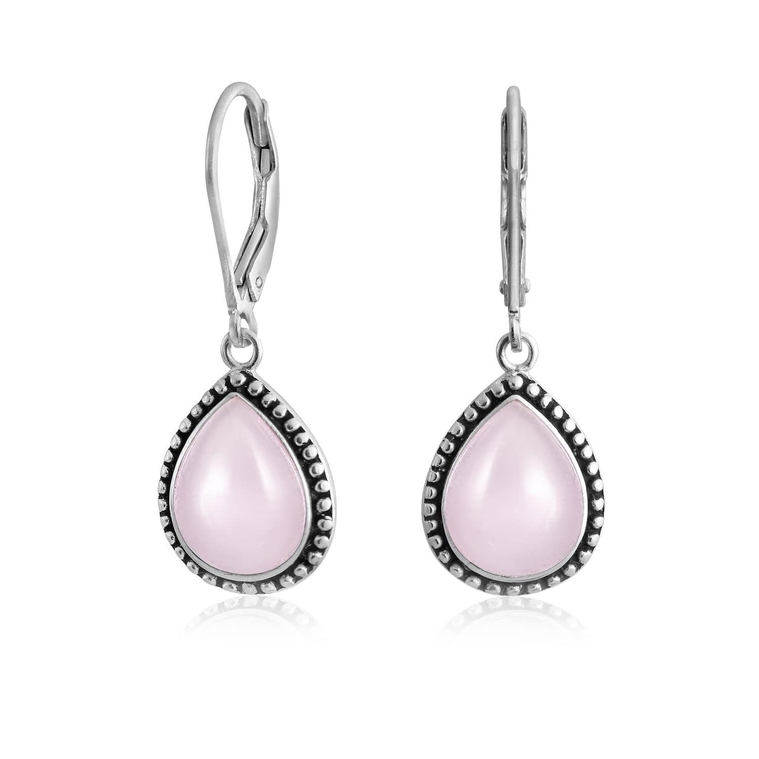 Boho Western Style Pink Dyed Jade Semi Precious Pear Shaped Teardrop Lever Back Dangle Drop Earrings For Women Teen Oxidized .925 Sterling Silver