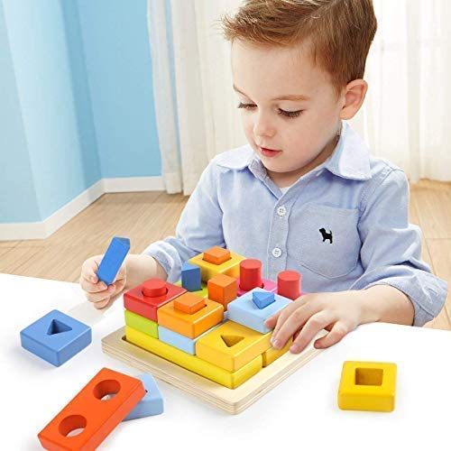 TOP BRIGHT Shape Color Sorter Wooden Blocks, 2 Year Old Early