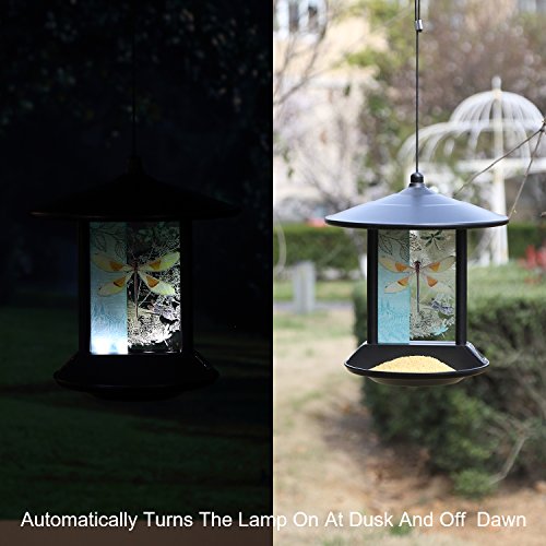 CEDAR HOME Hanging Solar Bird Feeder Outdoor Garden Decorative Water Proof Glass Pet BirdFeeder with Eave, Iridescent Dragonfly - Thumbnail 3