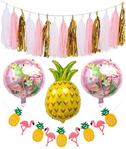 Hawaiian Party Decorations - Includes 15 pc Tassel + Pineapple and Flamingo Balloons &amp; Banner Decorations - Tropical Beach Theme Party Pack