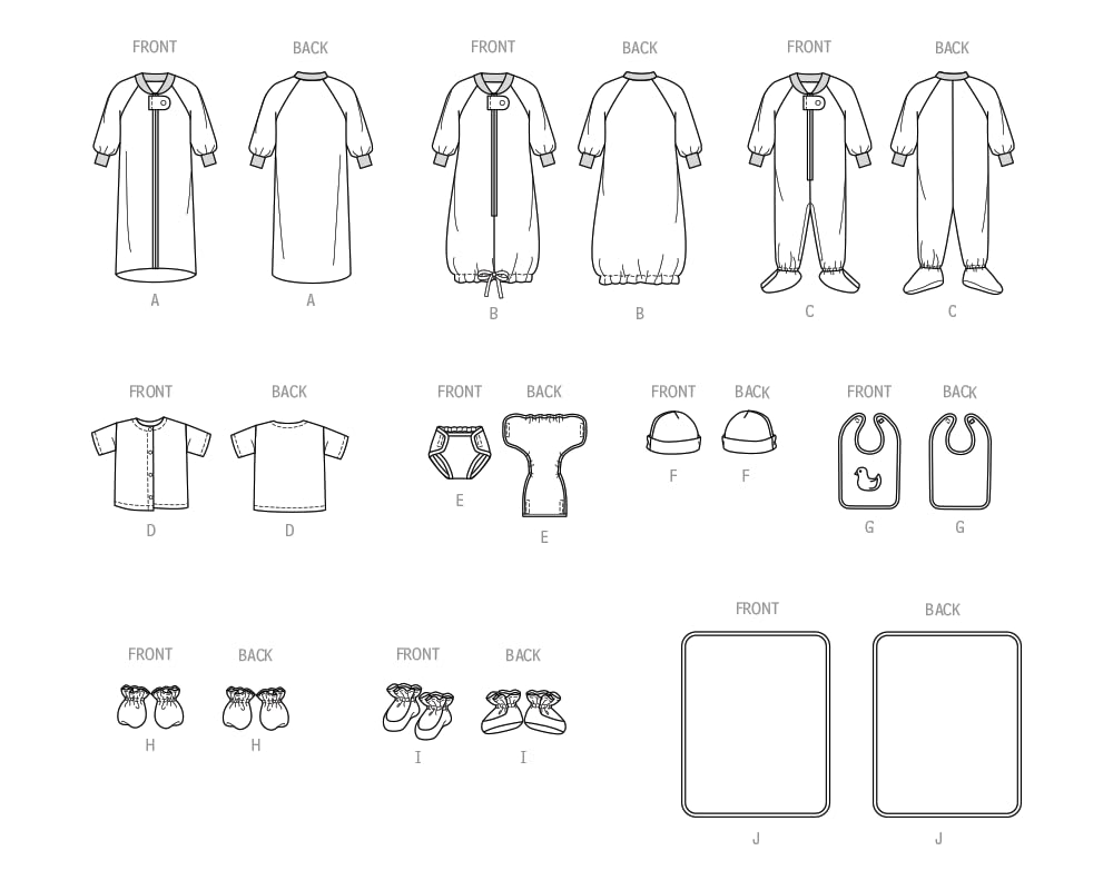 Butterick Infants' Bunting, Jumpsuit, Shirt, Diaper Cover, Hat, Bib, Mittens, Booties and Blanket Sewing Pattern Kit, Design Code B6968, Sizes XXS-XS-S-M-L, Multicolor