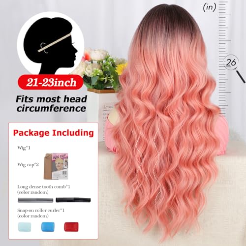 POPTAIYU Ombre Pink Wig with Bangs Long Wavy Wig With Air Bangs Silky Full Heat Resistant Synthetic Hair Pink, Hair Replacement Natural Looking Wigs for Christmas/Cosplay/Party 26 Inches(Ombre Pink)