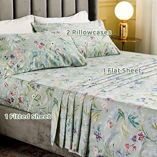 QSH Green Floral Queen Size Sheet Sets Green Flower Bird Butterfly