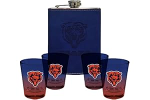 The Memory Company | Licensed NFL Team Logo Leather Wraped Flask with (4) Ombre Shot Glasses Set