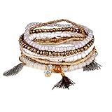 RareLove Bohemian Beaded Bracelet Brown Stretch Strand Wrap With Charm Layered Three Tassels